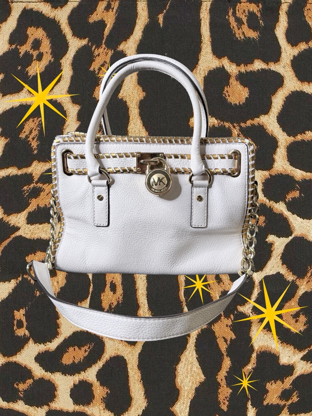 Michael Kors White Leather Chain-Trim Shoulder Bag with Gold Logo Lock